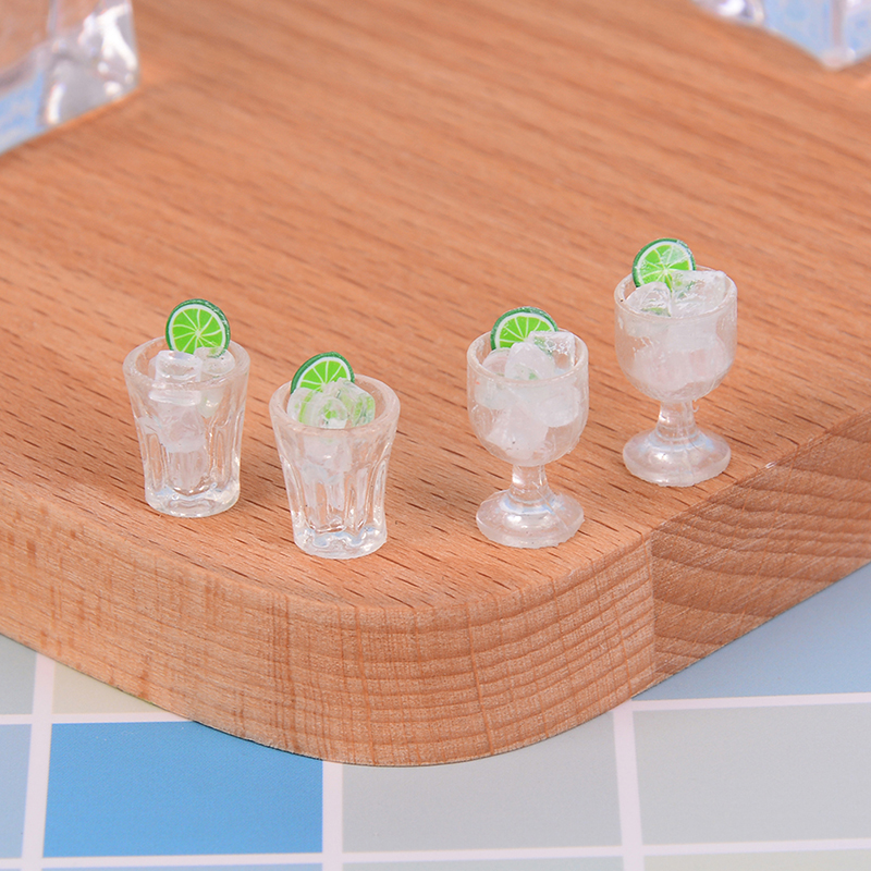 2Pcs Model Miniature Food Mini Glass Cup + Ice Cube Simulation Goblet Cup Model Toy Doll House Decor Kitchen Toy