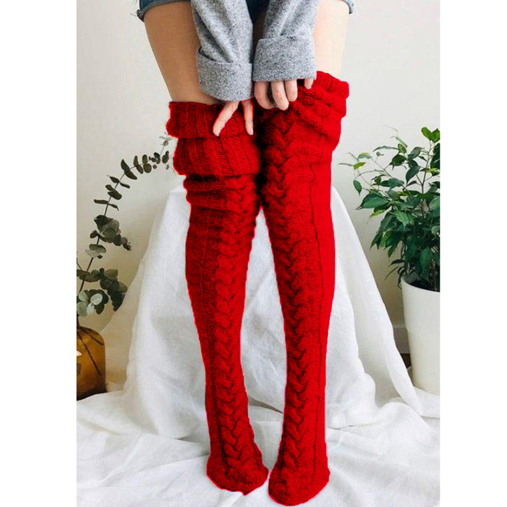 Wełniany ogrzewacz do stóp pończochy jesienne i zimowe jednokolorowe podkolanówki pończochy stos pończochy grube skarpetki damskie Legwarmers: Red / M(85 CM)