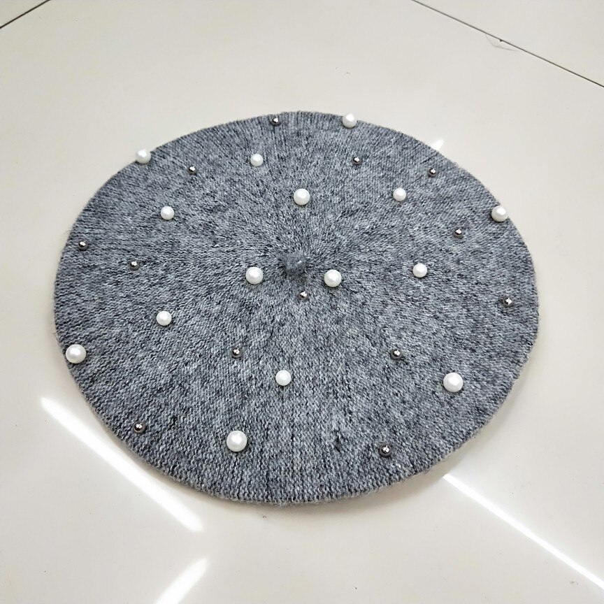 Boina francesa sólida invierno perla lana sombrero mujer dulce gorro esquí gorras amor para chica amiga: Gris