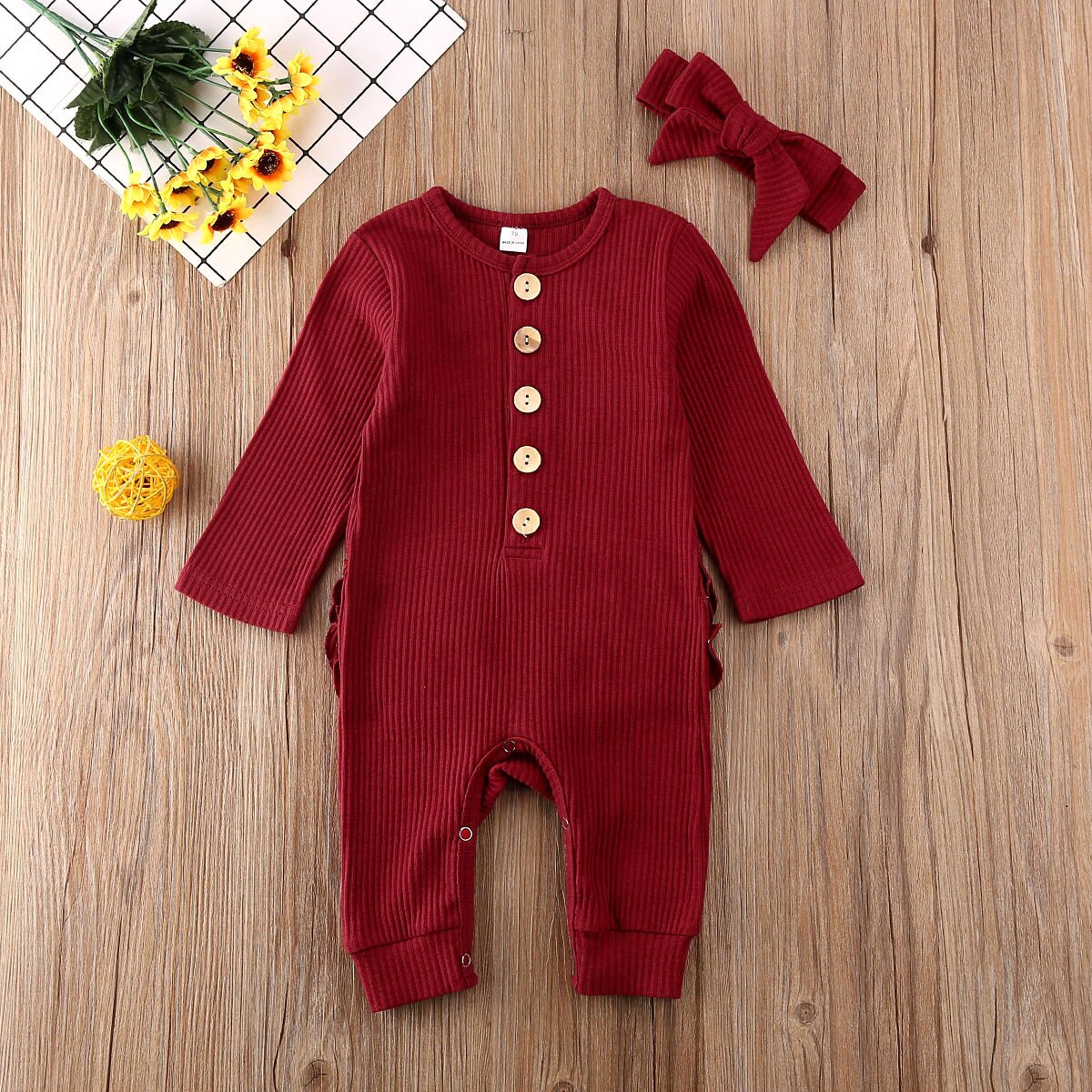 Newborn Baby Boy Girl Rompers Headband 2pcs Outfit Knitted Solid Kong Sleeve Ruffle Romper Jumpsuit Clothes