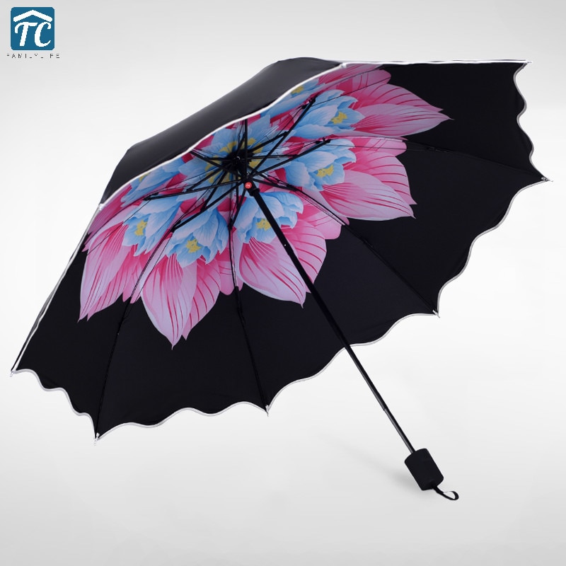 Mannen Mannelijke Zonnige En Regenachtige Verse Gecombineerd Klassieke Opvouwbare Paraplu Bloemvorm Winddicht Waterdicht Anti-Uv Drie opvouwbare Zwart