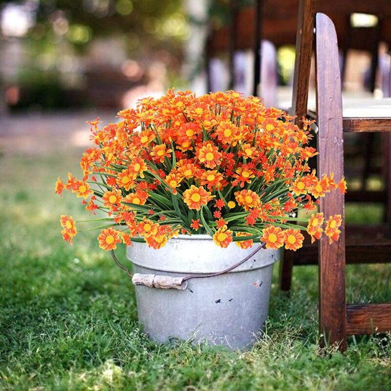 6 bündeln von draussen Künstliche Gänseblümchen Blumen für draussen Begrünung Garten Veranda Bauernhof Dekoration (Orange verrotten)