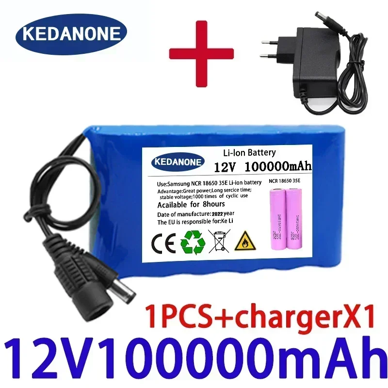 3S2P 100000mAh 12V 18650 battery monitoring Portable large capacity lithium-ion battery BMS LED lights+charger: black