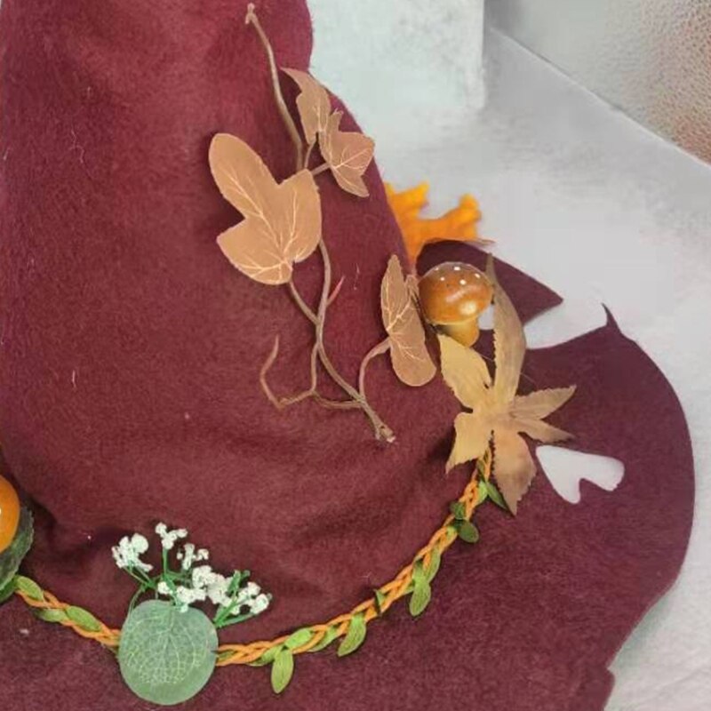 Felt Pointed Hat Wizard Hat with Flower Decor Steeple Witch Hat Party Headgear Cosplay Halloween Witch Costume