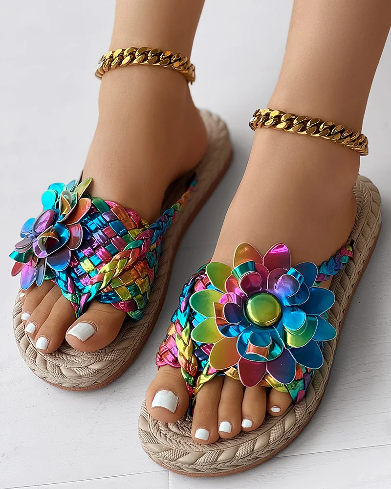 Frauen lässig Schuhe Flache Holographische Geflochtene Blumenmuster Zehen Post Strand kippen-Flops