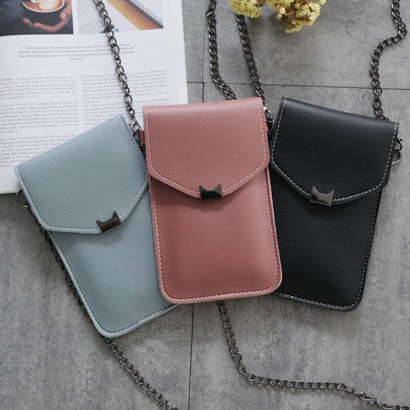 Saco do mensageiro da corrente das mulheres da tela de toque transparente da orelha do gato retro simples saco do telefone móvel sacos pequenos da aleta mini bolsa de ombro