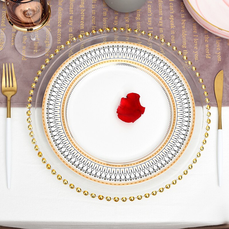 Dinnerware Set Plates Nordic Gold Bead Glass Charger Plate for Dinner Decorative Salad Fruit Wedding Plate Dinner Platos