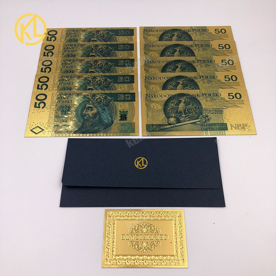 10Stck 50 PLN ZLOTY Polen Gold Farbe Banknote PAPST JOHANNES paul II Für sammlung 999 Gold für Souvenir sammlung: Tiefe Blau