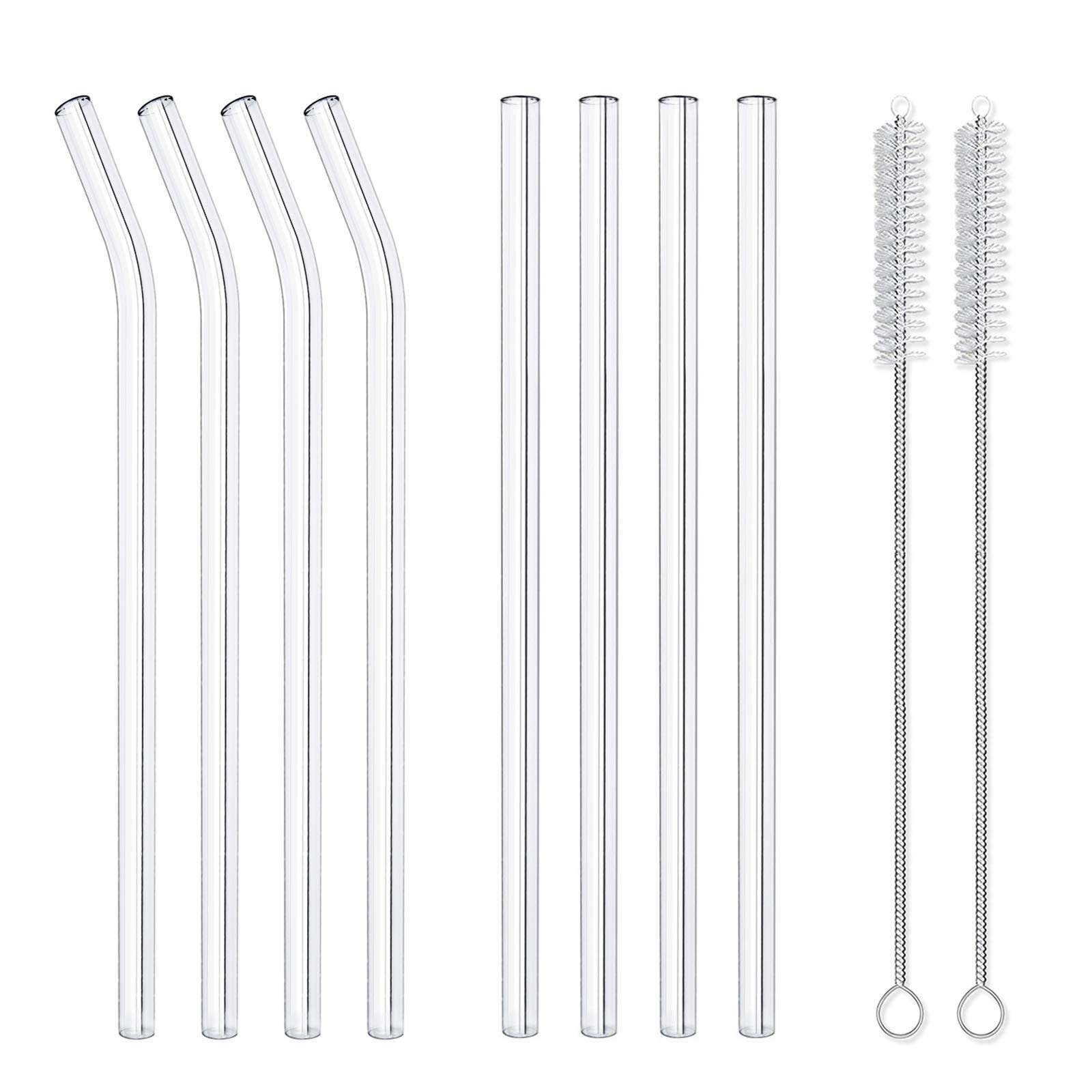 8Pcs Colorful Reusable Bent &amp; Straight Glass Straws 8mm Glass Drinking Straw for Smoothies Beverages Shakes with Cleaning Brush: Mix Transparent