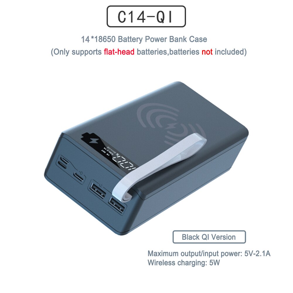 DIY Powerbank Case - 14x18650 Batterij - Afneembaar LCD - USB & Draadloos Laden: Draadloos Zwart