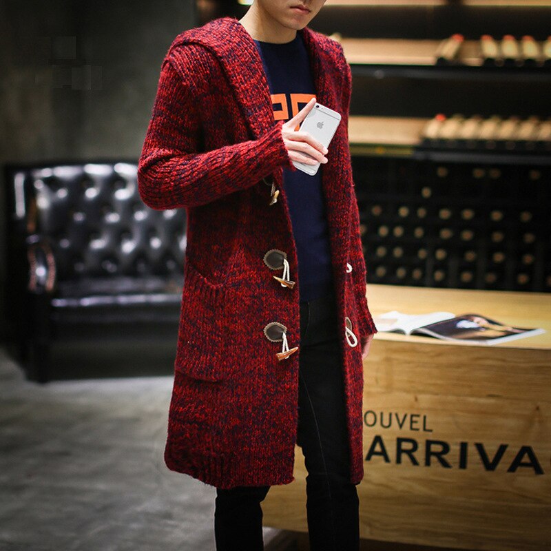 Male Long Sweaters Men Solid Cardigan Sweaters Long Casual Knit Coat Men's Cardigan Hooded Sweaters: wine red / L SIZE(CHINA M)