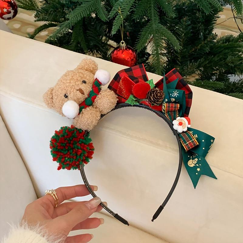 Opaska świąteczna z kokardkami w kształcie misia, opaska do włosów na Boże Narodzenie 2025, pluszowa opaska z kreskówkowym zwierzęciem, prezenty na Nowy Rok dla dziewczynek