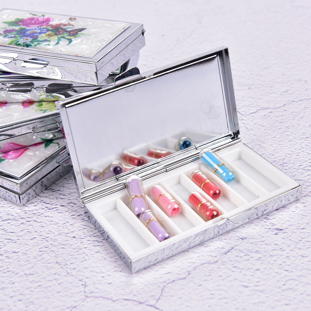 1PCS Portable Metal Round Flower Print Organizer Cute Compartment Pill Case Storage Tablet Container Medicine Box: Silver