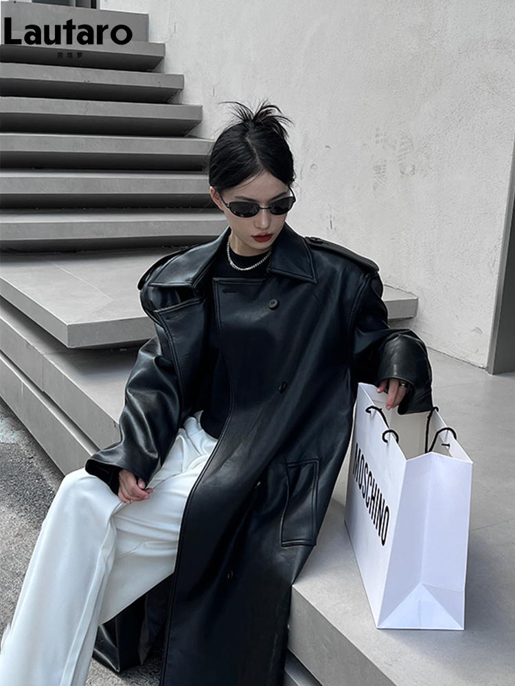 Lautaro-dames lange PU lederen trenchcoat, Europese en Amerikaanse catwalkmode, cool oversized, bruin, zwart, lente, herfst