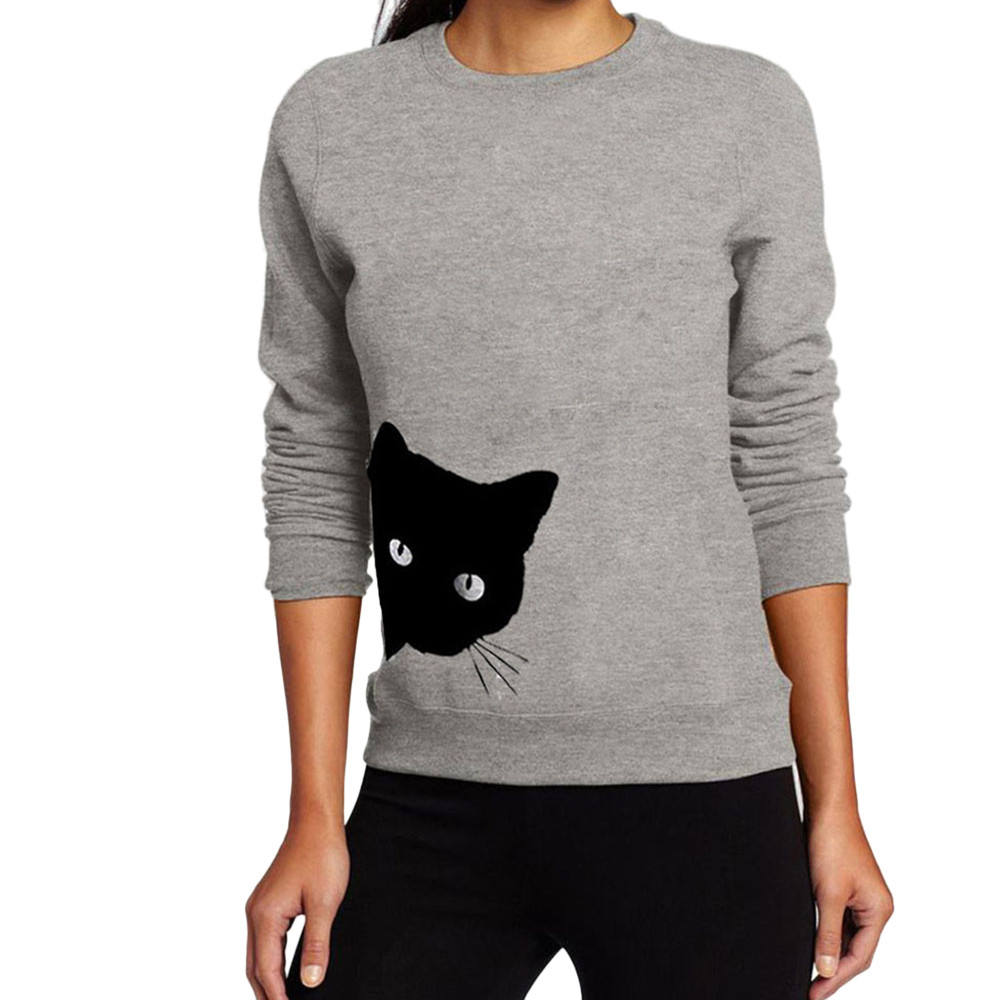 Jaycosin kvinder afslappet enkel kat print løs sweatshirt langærmet behagelig blød pullover toppe bluse: Grå / M
