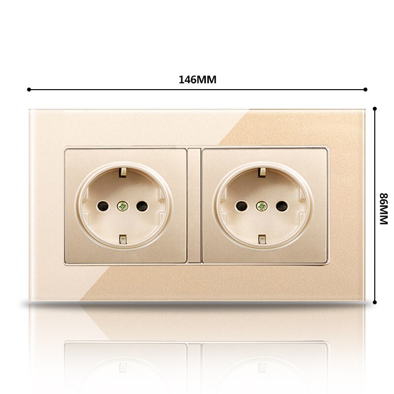 PSSRISEWall Crystal Glass Panel 146*86 Multi Way Power Socket Plug Grounded 16A EU Standard Electrical Outlet Double Socket stri: gold