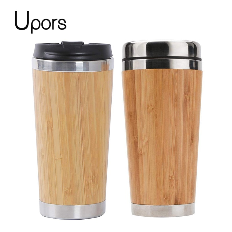 UPORS 450ML Natural Bamboo Travel Mug with Lid Stainless Steel Coffee Cup Tumbler Bottles Beer Coffee Mug Tea Cup