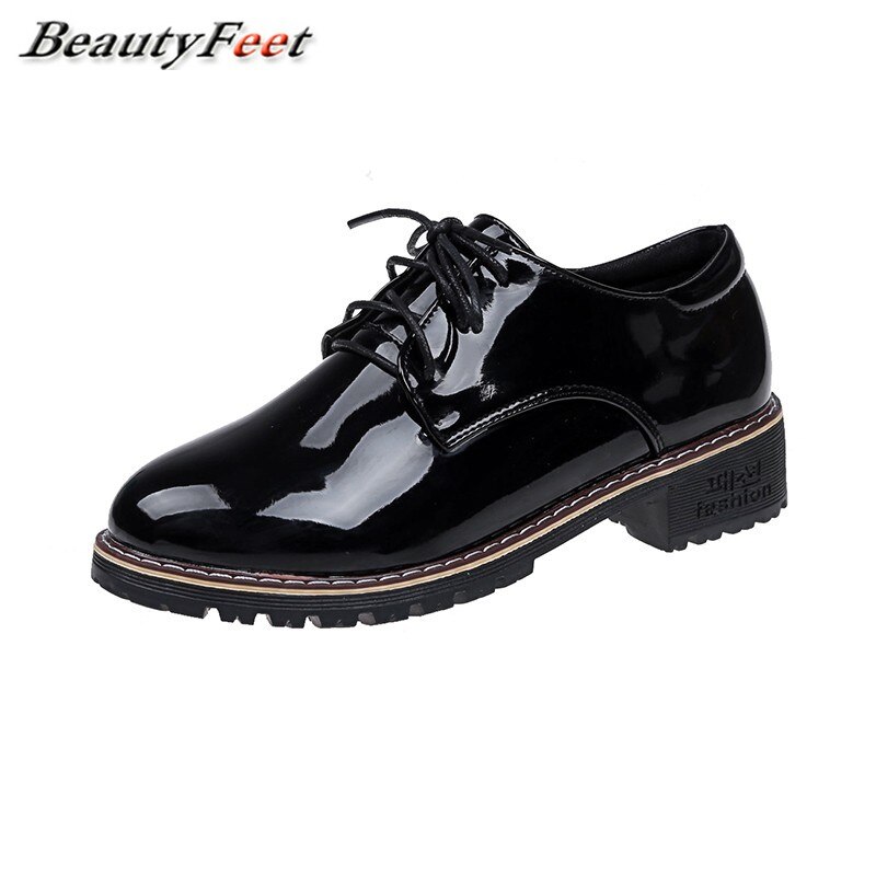 Chaussures décontractées en cuir solide pour femmes, chaussures plates automne-hiver oxford pour femmes, chaussures à lacets à semelle épaisse et à bout rond