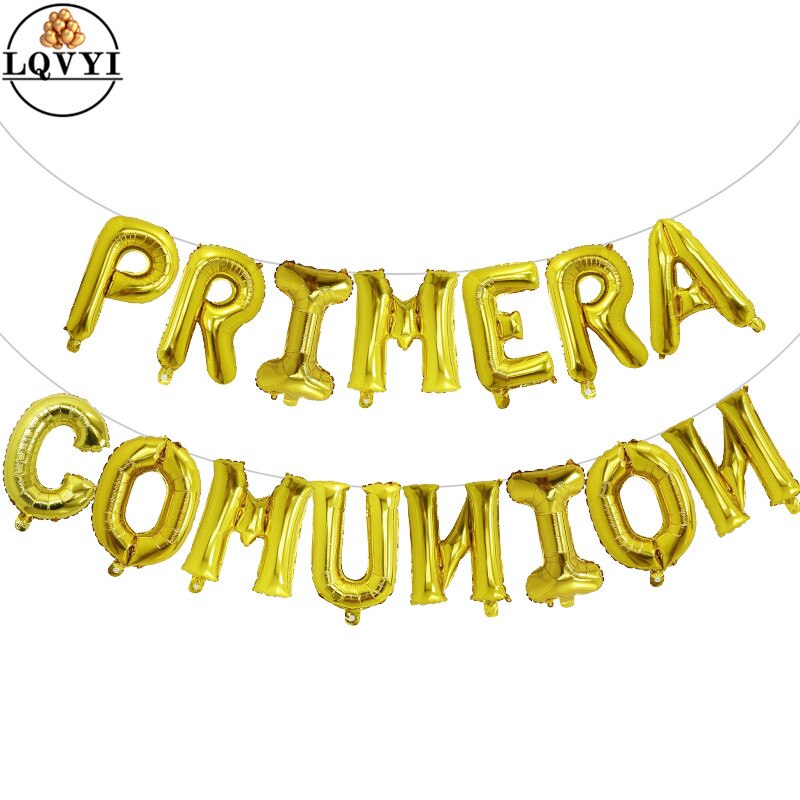 15pcs 16inch Letter Holy first communion decoration Silver foil balloons banner Gold Spanish Primera comunion hanging bunting: gold