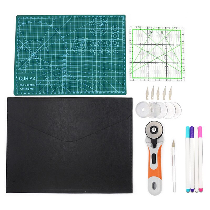 Sewing Kit Set Clothing Sewing Tools Hand Cutting Knife Set Patchwork Cloth Knife Patchwork Ruler DIY tool A4 cutting pad: Dark Khaki
