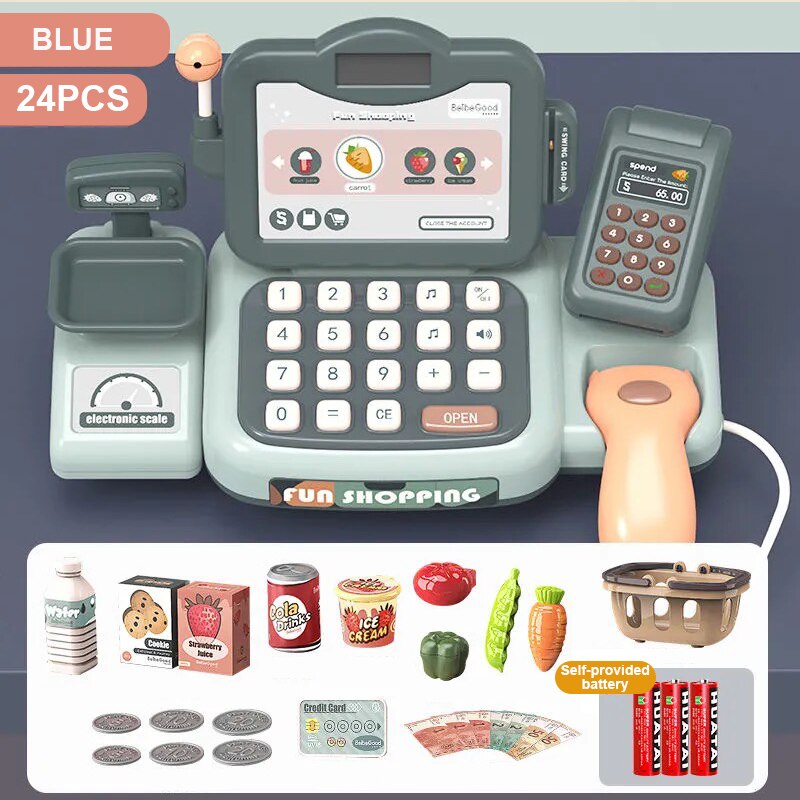 Caja Registradora de juguete para supermercado para niños, simulación de deslizamiento, cálculo, tienda de conveniencia, caja registradora: 24PCS Blue