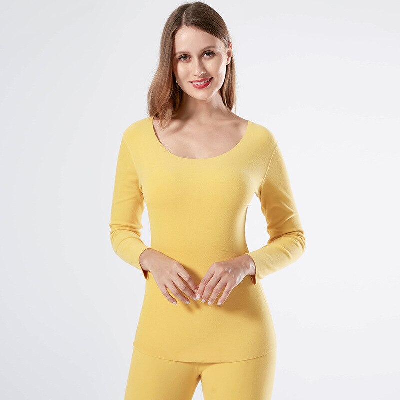 Thermal Underwear Set Women's Autumn Winter o Neck Long Sleeve Top Ladies Warm Suit Solid Casual Thermo Undershirt for Female: Yellow