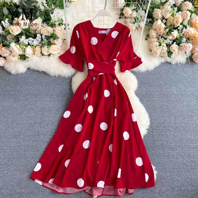 YuooMuoo-robe à bandes, tenue Vintage, à pois, col en V, tenue de soirée, tenue élégante, rouge, été: Rouge