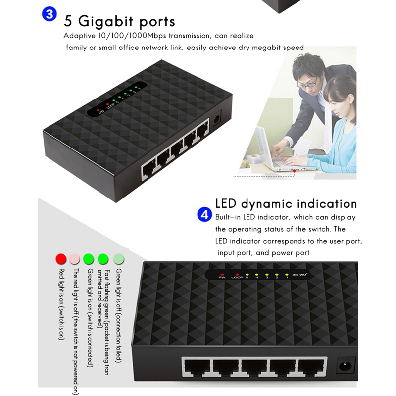 Gigabit sieć przełącznik 5 Port 1000Mbps szybki Ethernet przełącznik Lan Centrum dla gospodarstwo domowe EU wtyczka