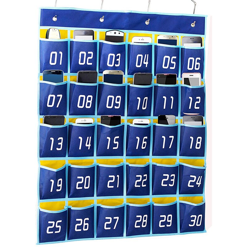 Nummereret lommediagram klasseværelsesarrangør til mobiltelefoner lommeregner  (30 lommer, blå lommer)