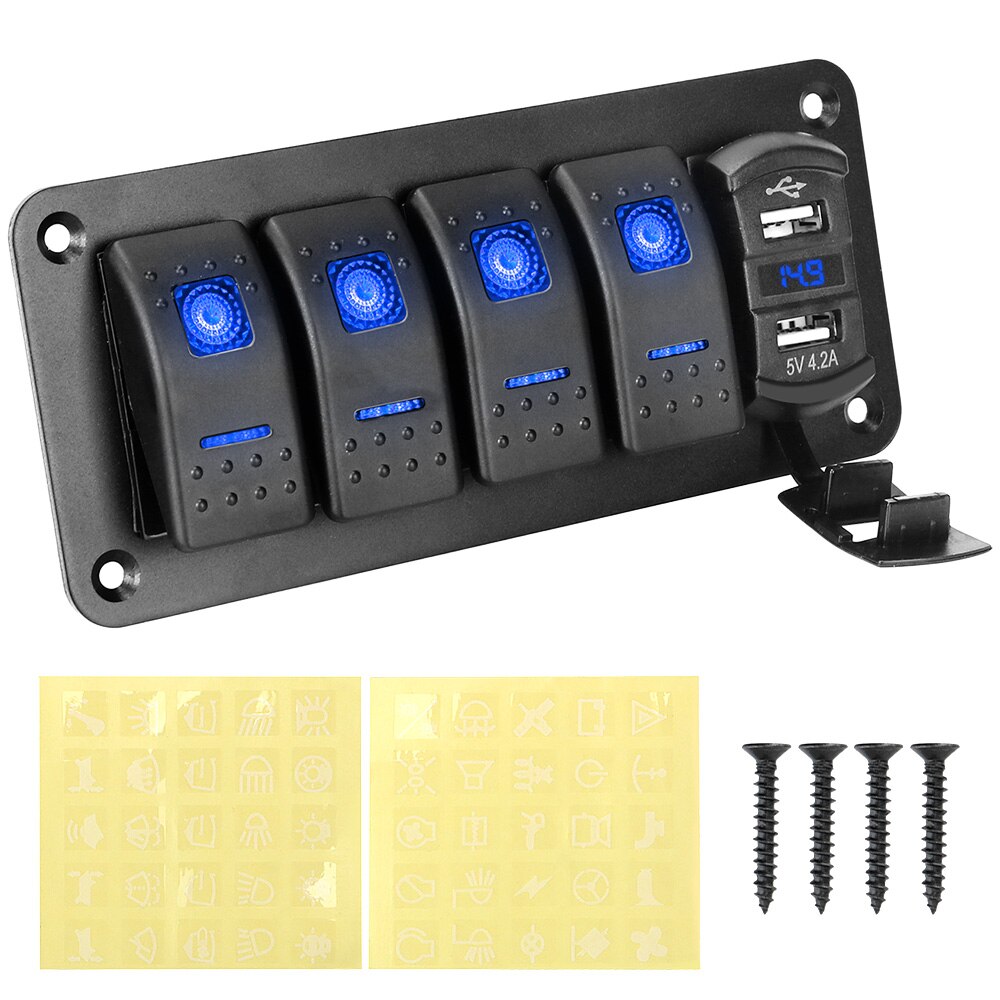 Voltímetro Digital para coche marino, impermeable, doble puerto USB, 4 bandas de palanca de interruptor basculante, 12V/24V, Panel de interruptor LED + pegatina: blue 4 Gang