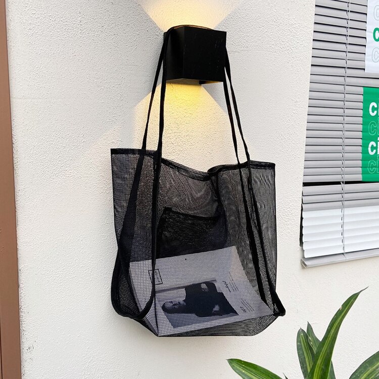 Mode Zomer Vrouwen Mesh Strandtassen Vrouwelijke Grote Schoudertas Shopper Bag Effen Kleur Dames Opvouwbare Casual Tote Oranje Handtassen: Black