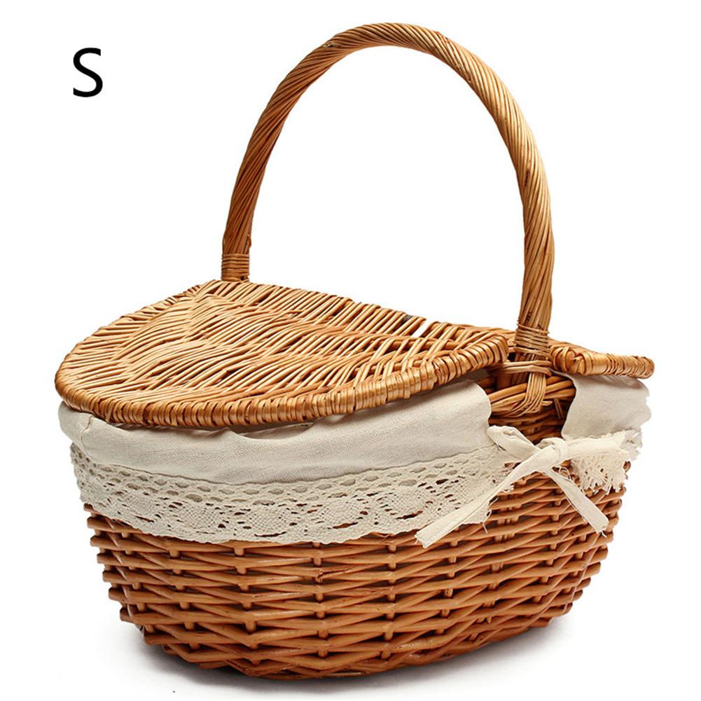 Cesta de Picnic S/L, bolsas de mimbre hechas a mano, cesto de almacenamiento de compras para Camping con tapa, cesta de comida para Picnic, cesta de almacenamiento de frutas tejida: A