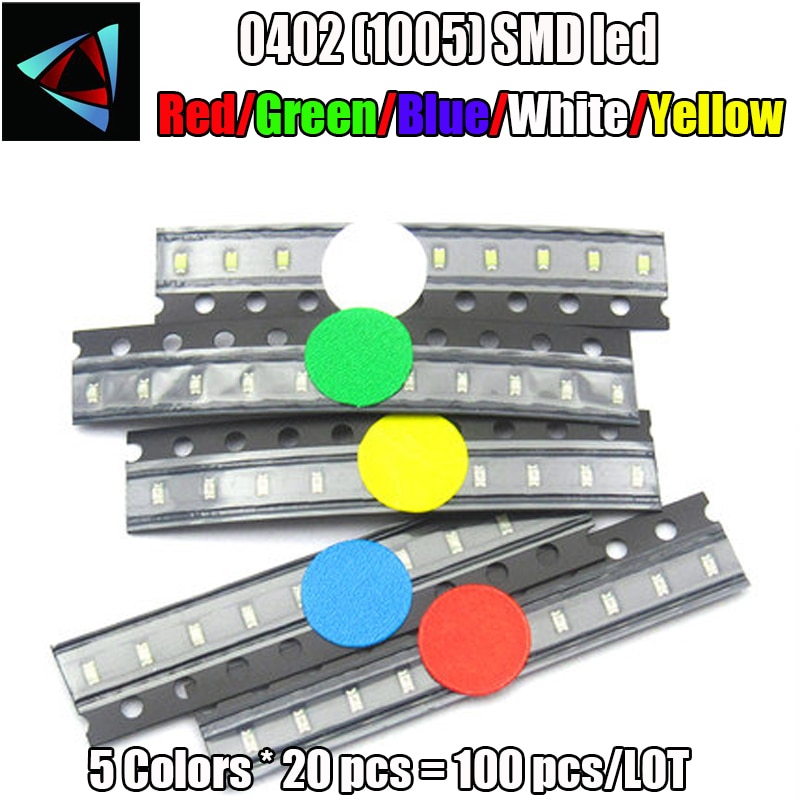 0402 SMD LED package emitting tube package 5 colors (red, yellow, white, green and blue) 1.0*0.5*0.4MM 5*20Pcs=100Pcs
