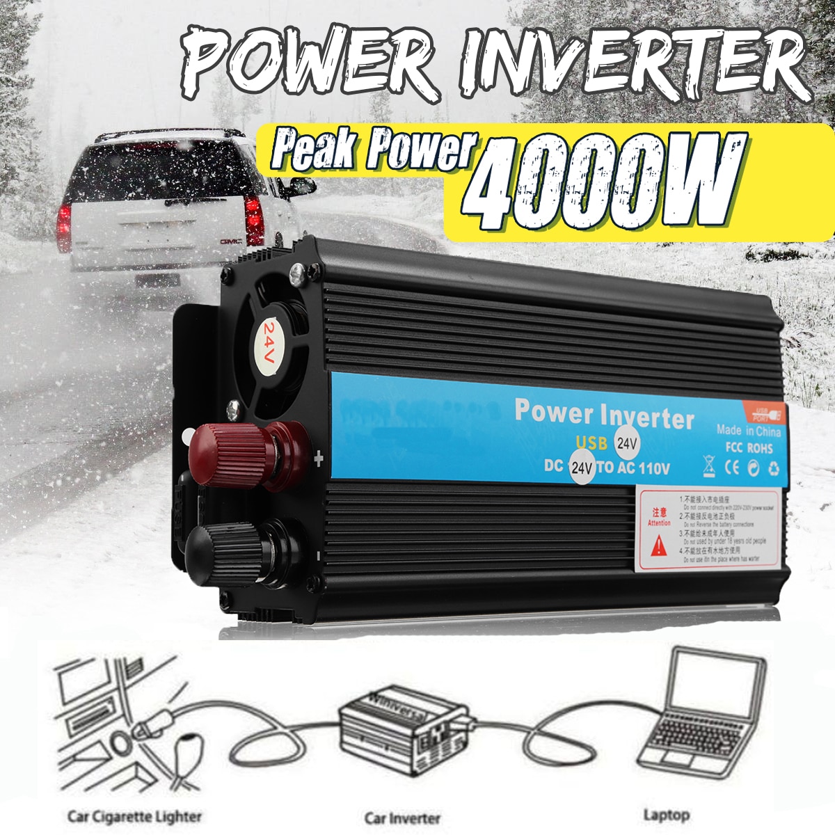 Solar inverter 12/24v 110/220v 4000w p eak spænding transformer converter  dc 12v til  ac 220v bil inverter egnet til bilbatteri