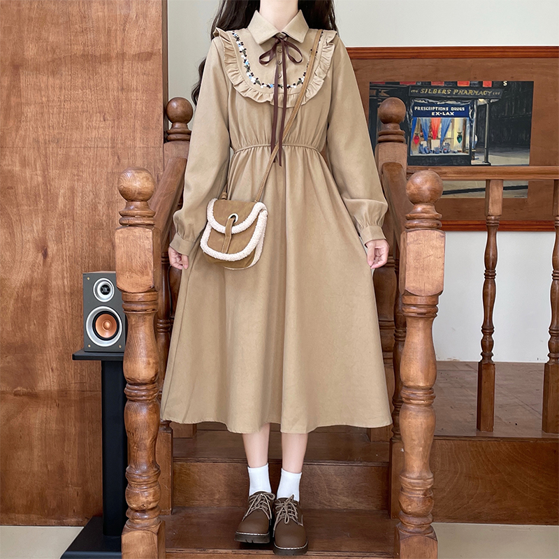 Art Mori vestido largo para niñas, ropa básica Retro, Vintage, estilo japonés, cuello de muñeca, cinta dulce, pajarita, vestido de pana, Otoño e Invierno: XL / Caqui