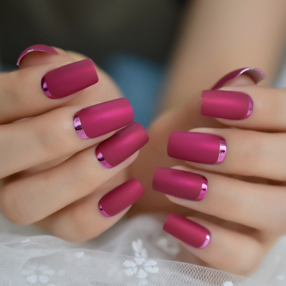 Vierkante Matte Metalen Nagels Cherry Rose Roze Layer Frosted Kastanjebruin Nagels Kunstmatige Acryl Druk Op Nagels