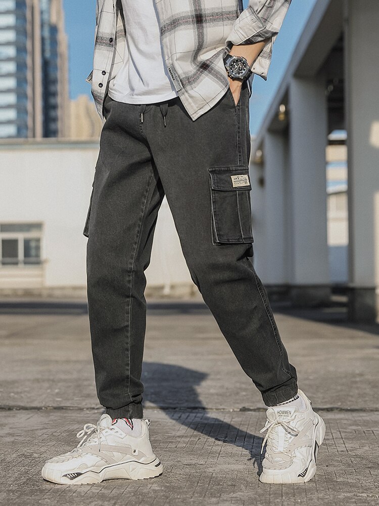 Vårhöst herrjeans med flera fickor, arbetskläder, cargobyxor, svarta blå, resår i midjan, joggingbyxor i stora storlekar, jeansbyxor 8xl: Xl / Svart