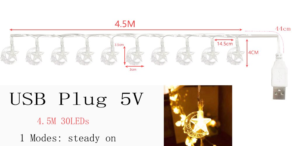 1.5M/3M/6M Maan Shape Led String Lights Verlichting Fairy Guirlande Kerstboom Bruiloft party Ramadan Voor Home Decoratie: USB Plug 4.5m