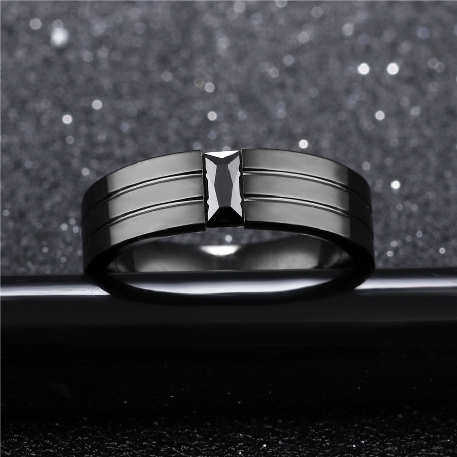 XQNI Full Black Stainless Steel Rings For Men With Zircon & Groove 6MM Width Male Boy Ring Jewelry Birthday Party