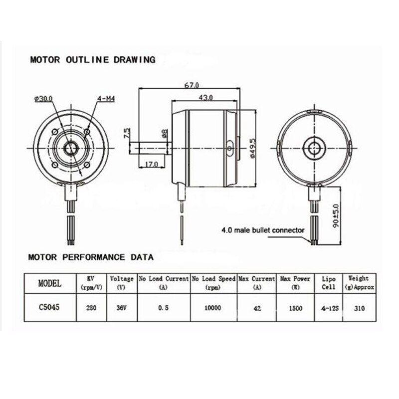 5045 280KV Brushless Outrunner Motore 4-12S 36V Sensorless per RC Elettrico Bilanciamento di scooter, skateboard