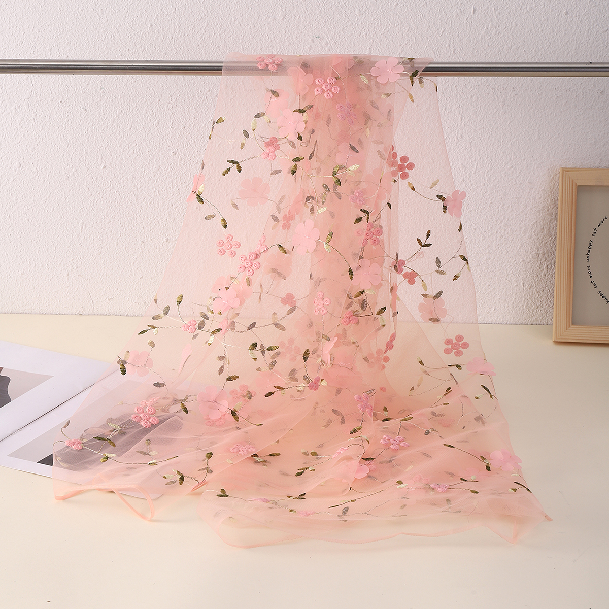 Floral Pattern Fabric Sage Green Flower Embroidery Mesh Lace Fabric Soft Tulle Fabric for DIY Clothing: S / Pink