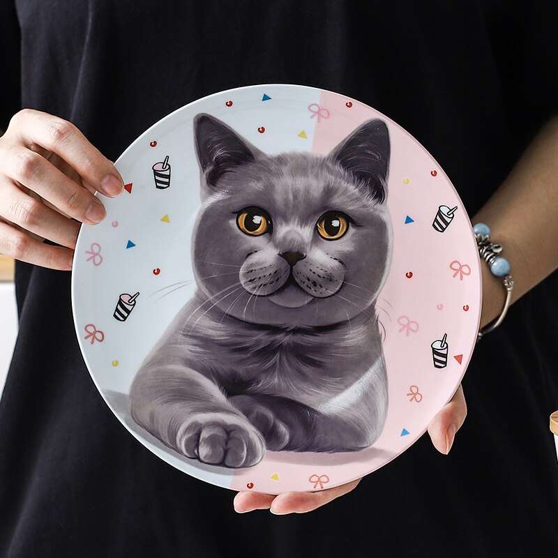 Bone China British Shorthair Cat Plate Cute Porcelain Bread Cake Dish Cartoon Dinner Plates Best For Cat Lover: A