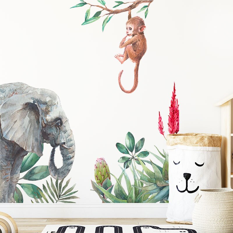 Cartoon Monkey Elephant Wall Sticker Kids Baby Room Background Home Decoration Mural Wall Edge Bedroom Wallpaper Animal Stickers
