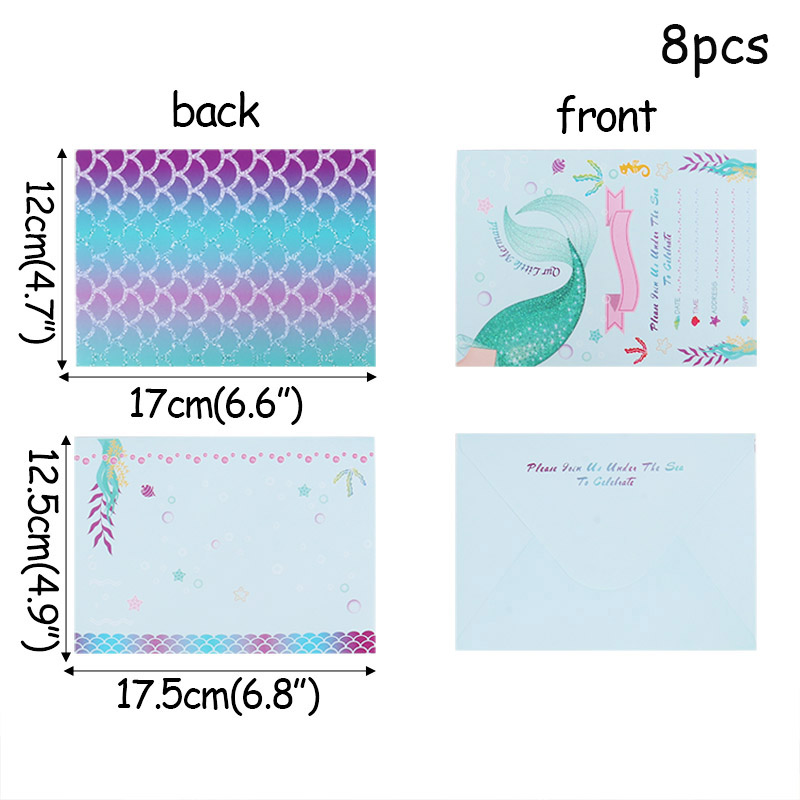 8pcs Little Mermaid Party Invitation Cards Invited Envelopes Baby Shower Girl Birthday Party Decorations Mermaid Tail Cards