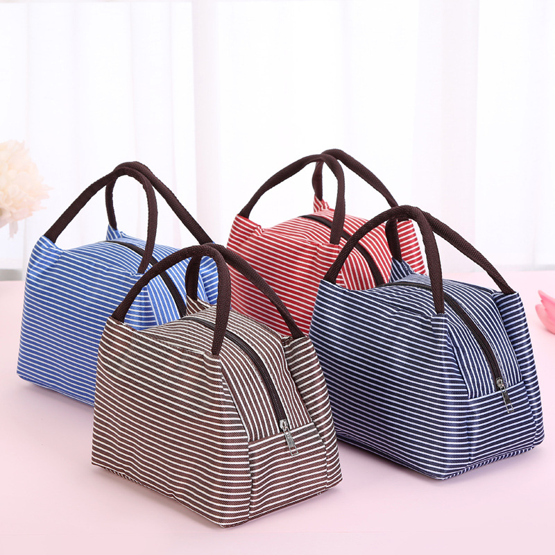 Leisure Women Portable Lunch Bag Canvas Stripe Insulated Cooler Bags Thermal Food Picnic Lunch Bags Box Kids Ice Pack Tote