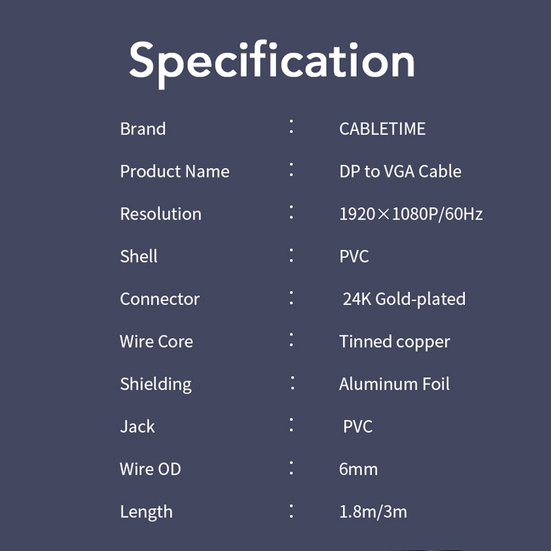 Cabletime DisplayPort To VGA Cable DP To VGA Converter Displayport VGA Cable Gold for Macbook Projector laptop Camara HDTV N041