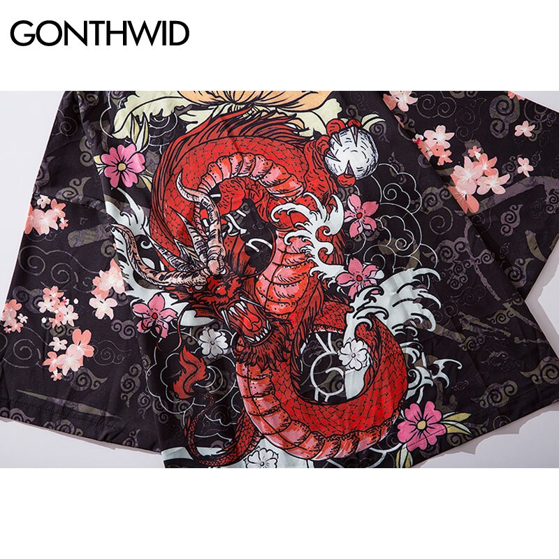 GONTHWID Harajuku Dragon Cherry Blossoms Flowers Print Kimono Cardigan Haori Jackets Streetwear Japanese Style Open Front Coats