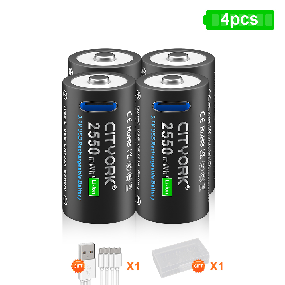 CITYORK CR123A Bateria 2550mWh 3.7V Akumulator Li-ion 16340 Do Latarki LED 16350 RCR123 Bateria + Kabel USB Type-c: Black