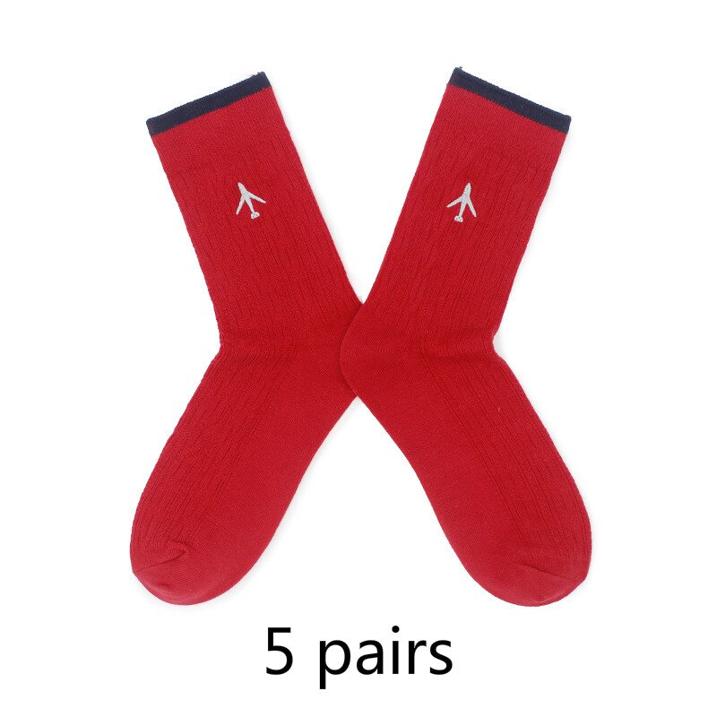 Embroidery Aircraft Airplane Women Men Business Dress Cotton Crew Socks Brand Novelty Funny White: 5 pairs red socks