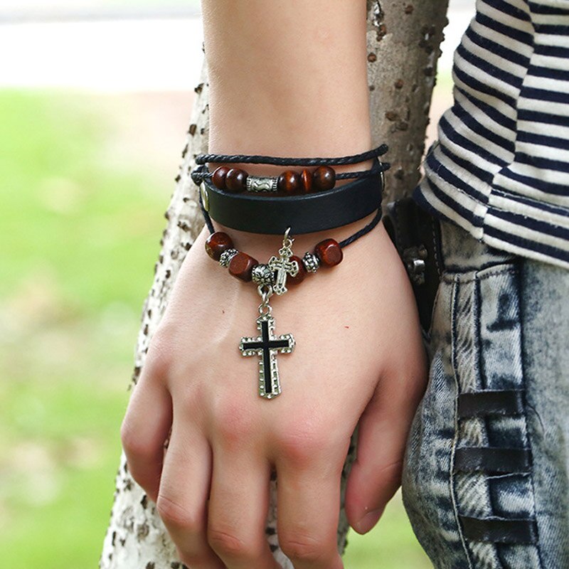 4 Layers Charm Bracelet for Women Men Leather Rope String Beads Jesus Christ Cross Jewelry 17cm Adjustable Handmade